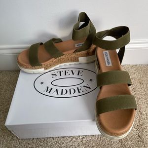 Cute olive green wedged sandals by Steve Madden
